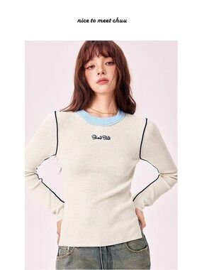 CHUU Chuu Girls Contrast Trim Knit Top Beige Blue Size 00